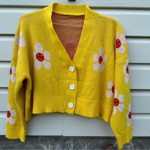 Sweaters - Women's Yellow Flower Smiley Face Cropped Button Oversized Cardigan One Size